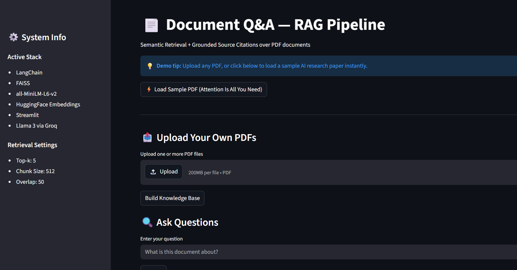 Streamlit RAG demo interface showing PDF upload, query input, and generated answer with source citations